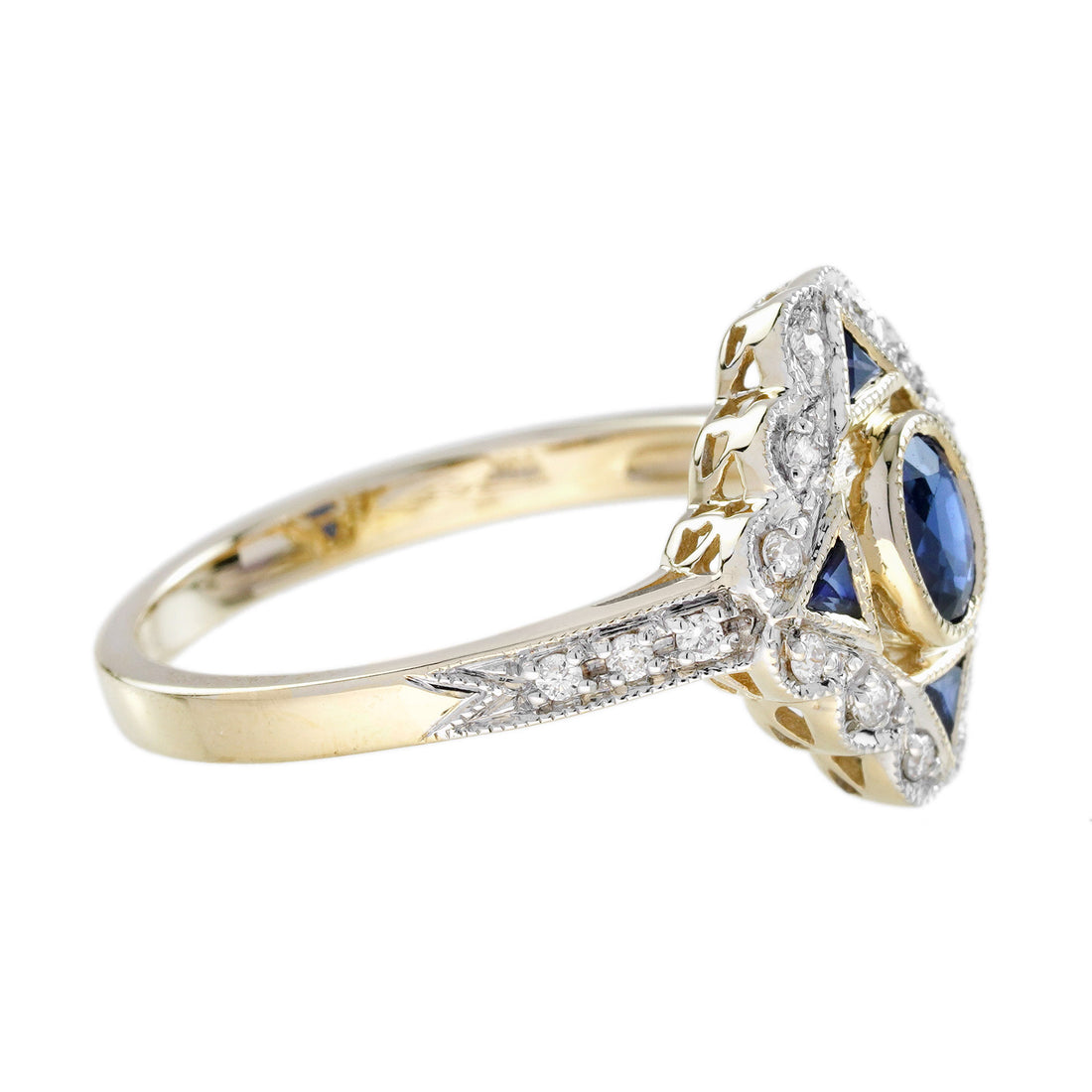 Blue Sapphire &amp; Diamond Vintage Inspired Art Deco Style 14K Yellow Gold Ring