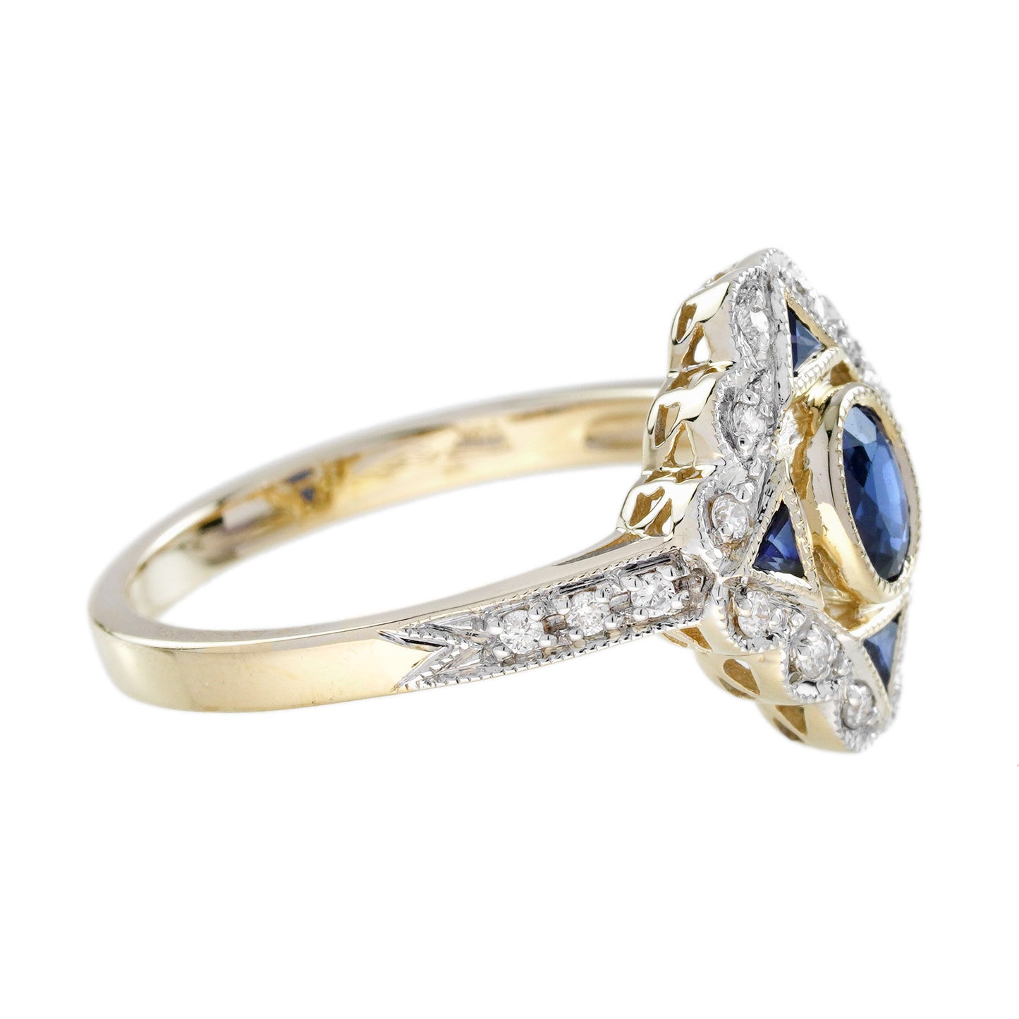 blue sapphire & diamond vintage inspired art deco style 14k yellow gold ring