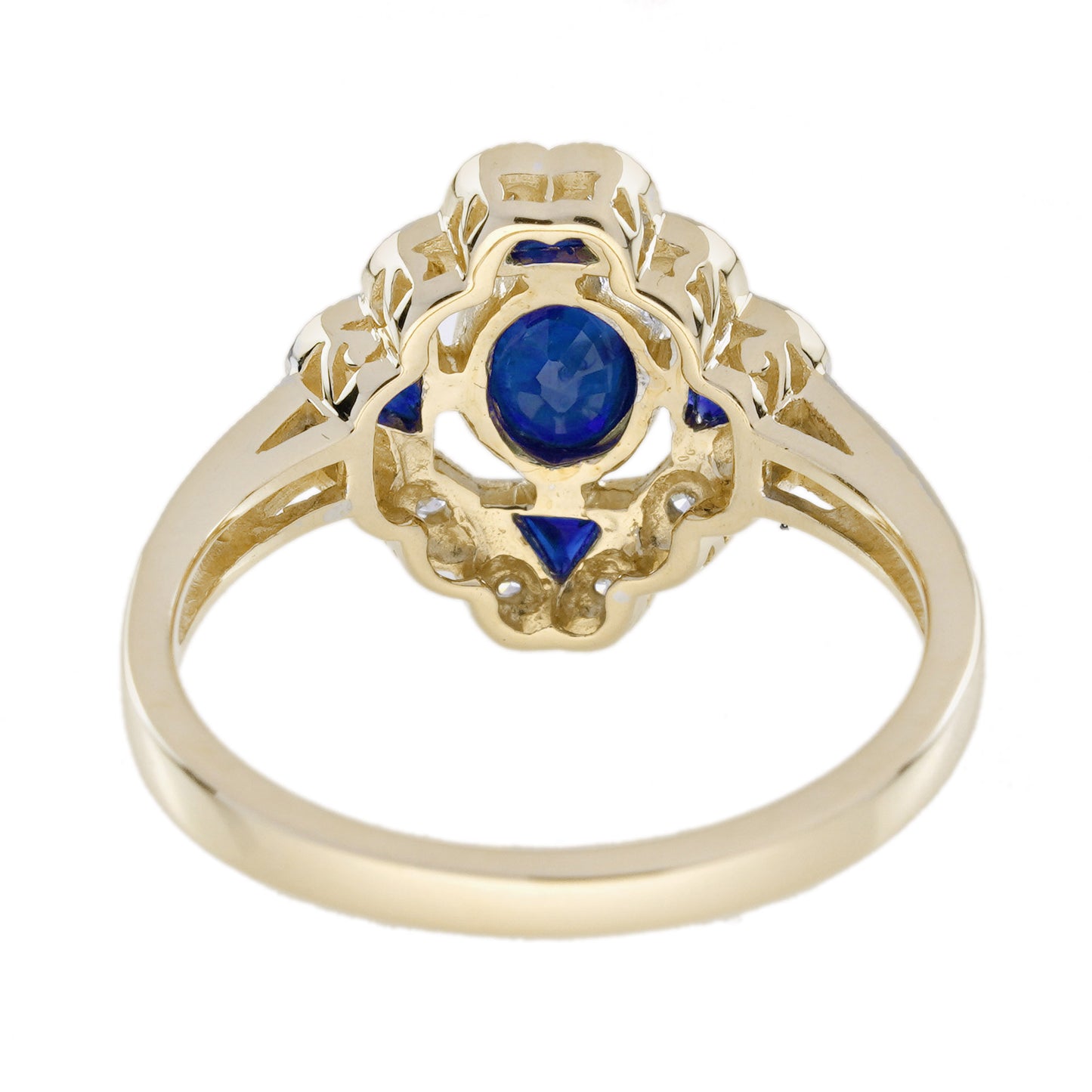 blue sapphire & diamond vintage inspired art deco style 14k yellow gold ring