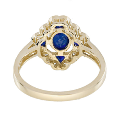 Blue Sapphire & Diamond Vintage Inspired Art Deco Style 14K Yellow Gold Ring