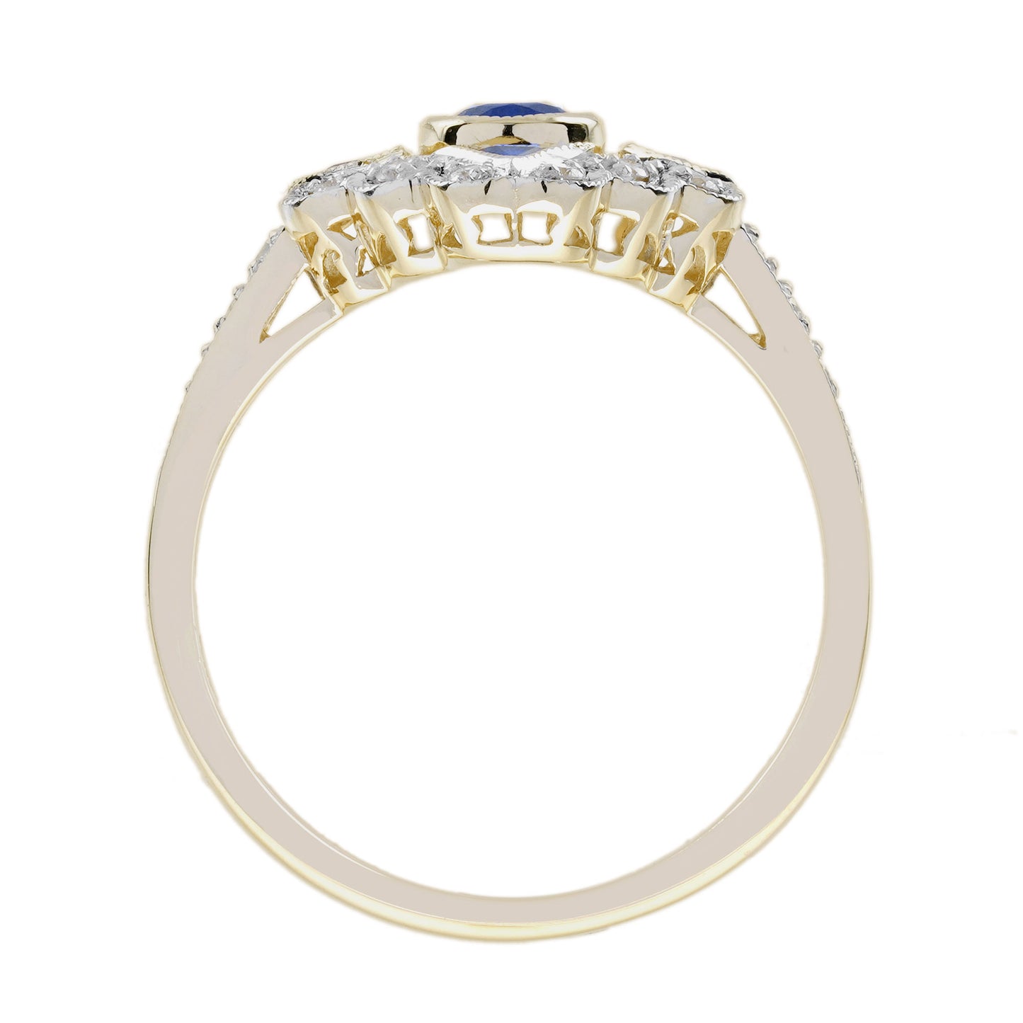 blue sapphire & diamond vintage inspired art deco style 14k yellow gold ring