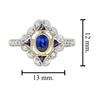Blue Sapphire & Diamond Vintage Inspired Art Deco Style 14K Yellow Gold Ring