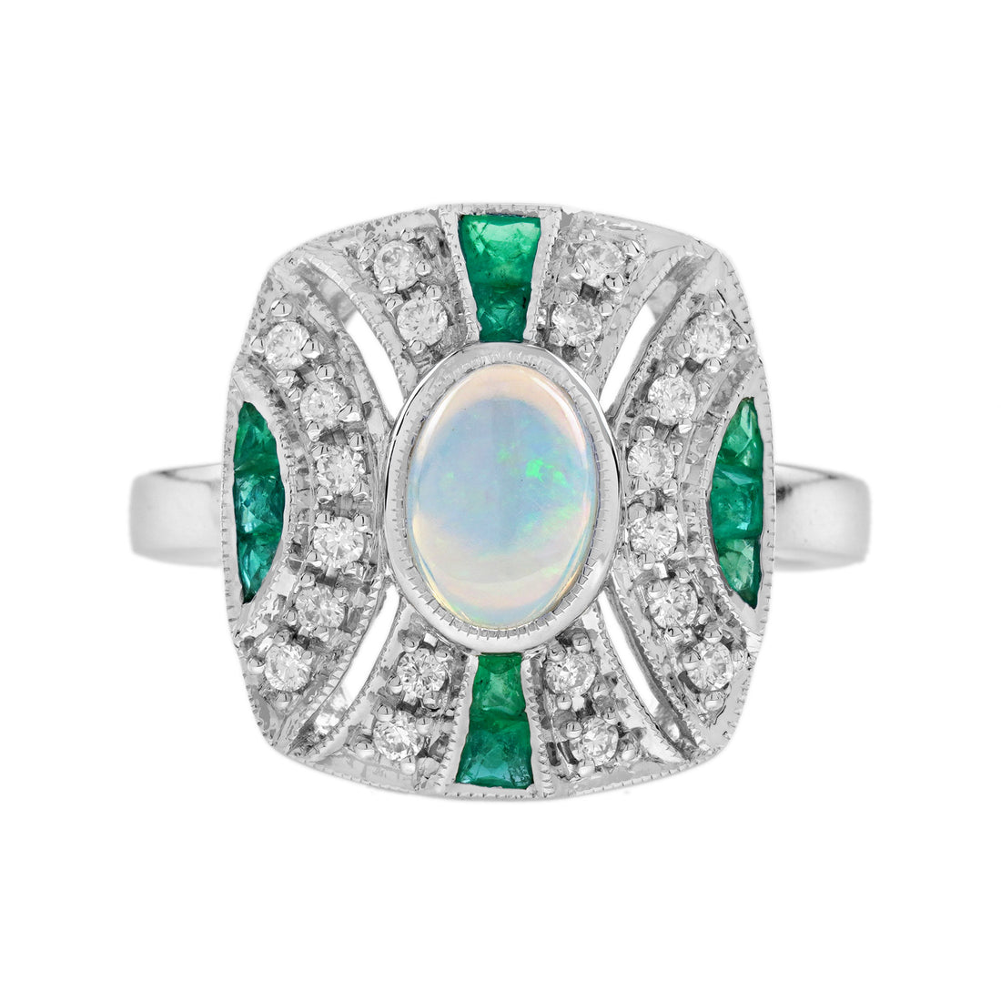 White Ethiopian Opal & Green Emerald Diamond Art Deco Style 14K White Gold Ring
