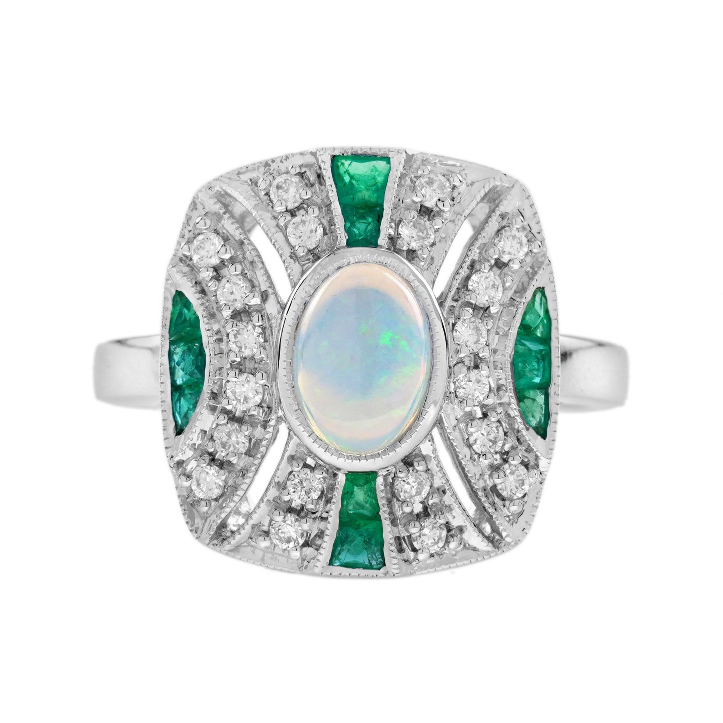 white ethiopian opal & green emerald diamond art deco style 14k white gold ring