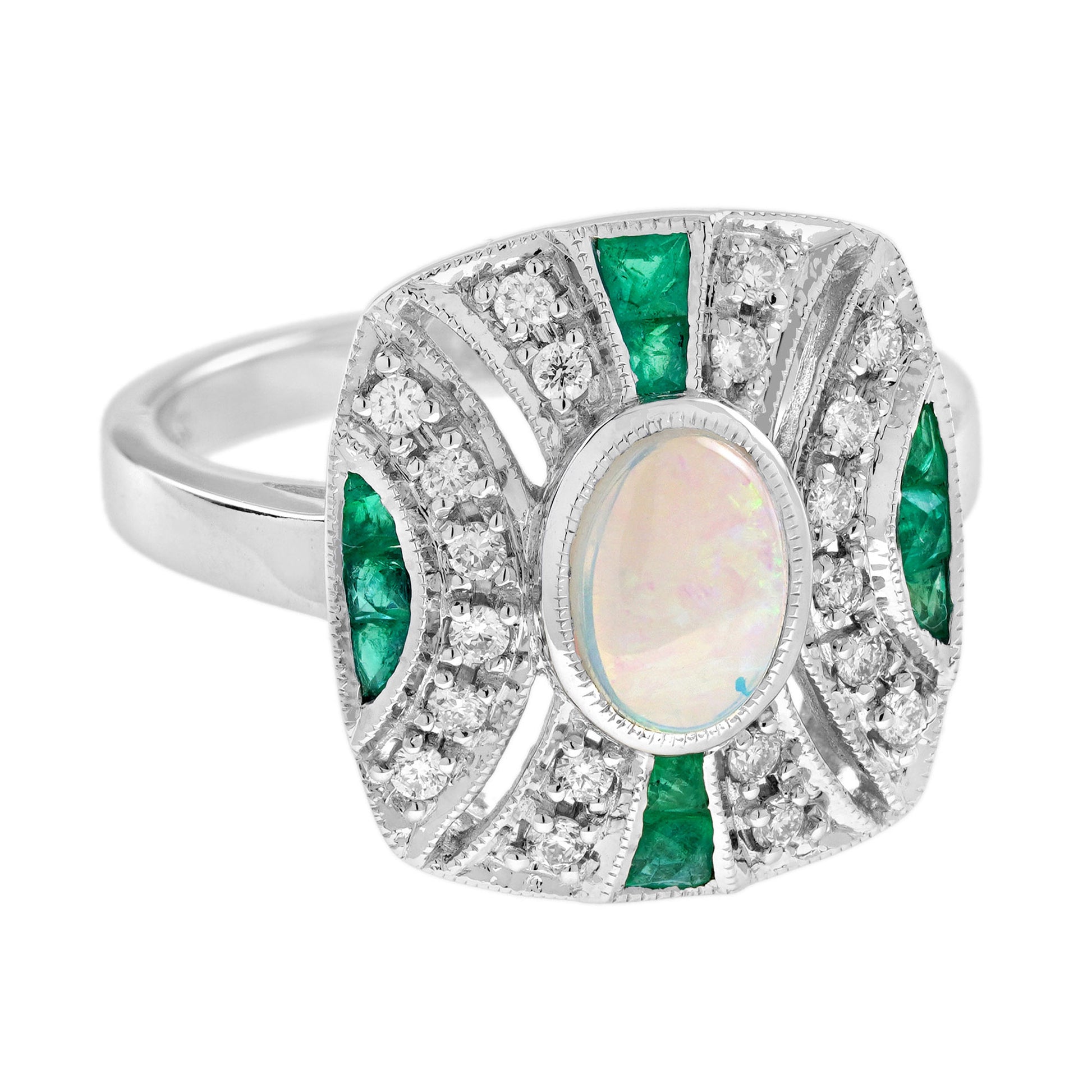 White Ethiopian Opal & Green Emerald Diamond Art Deco Style 14K White Gold Ring