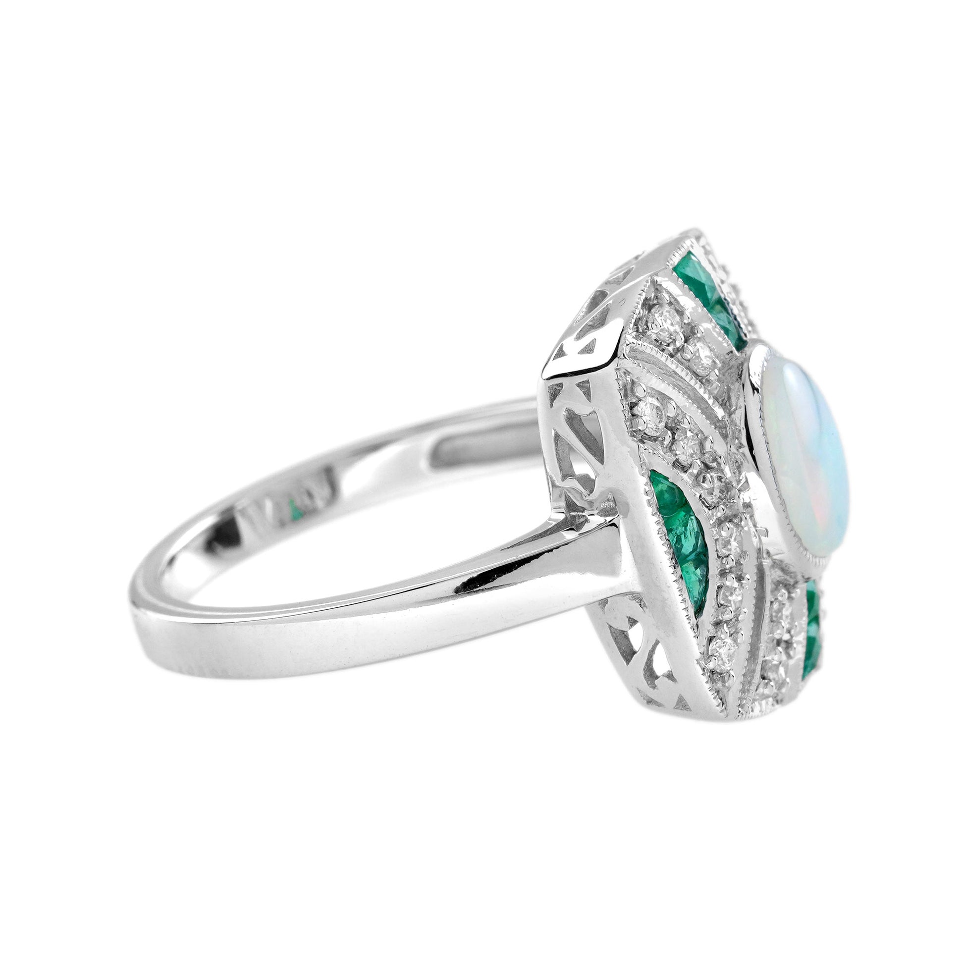White Ethiopian Opal & Green Emerald Diamond Art Deco Style 14K White Gold Ring