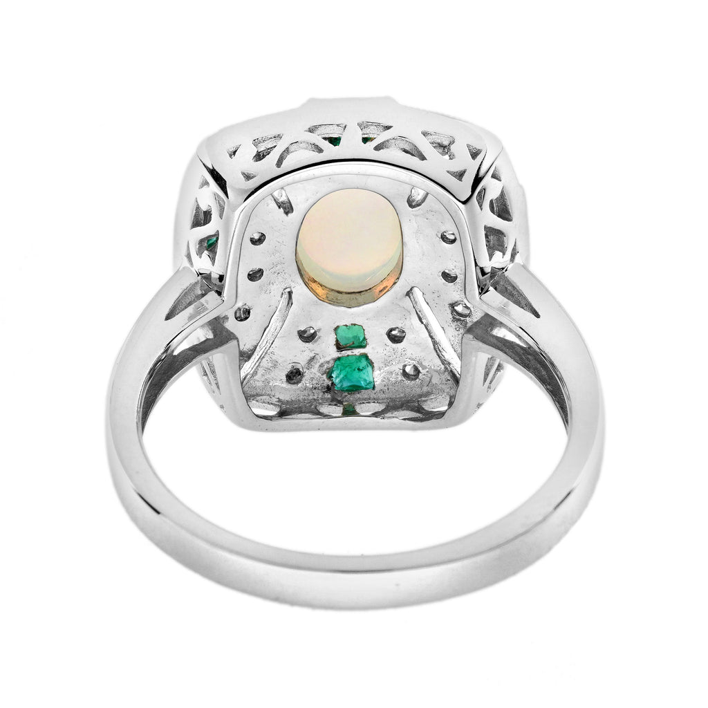 White Ethiopian Opal & Green Emerald Diamond Art Deco Style 14K White Gold Ring