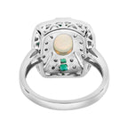 White Ethiopian Opal & Green Emerald Diamond Art Deco Style 14K White Gold Ring