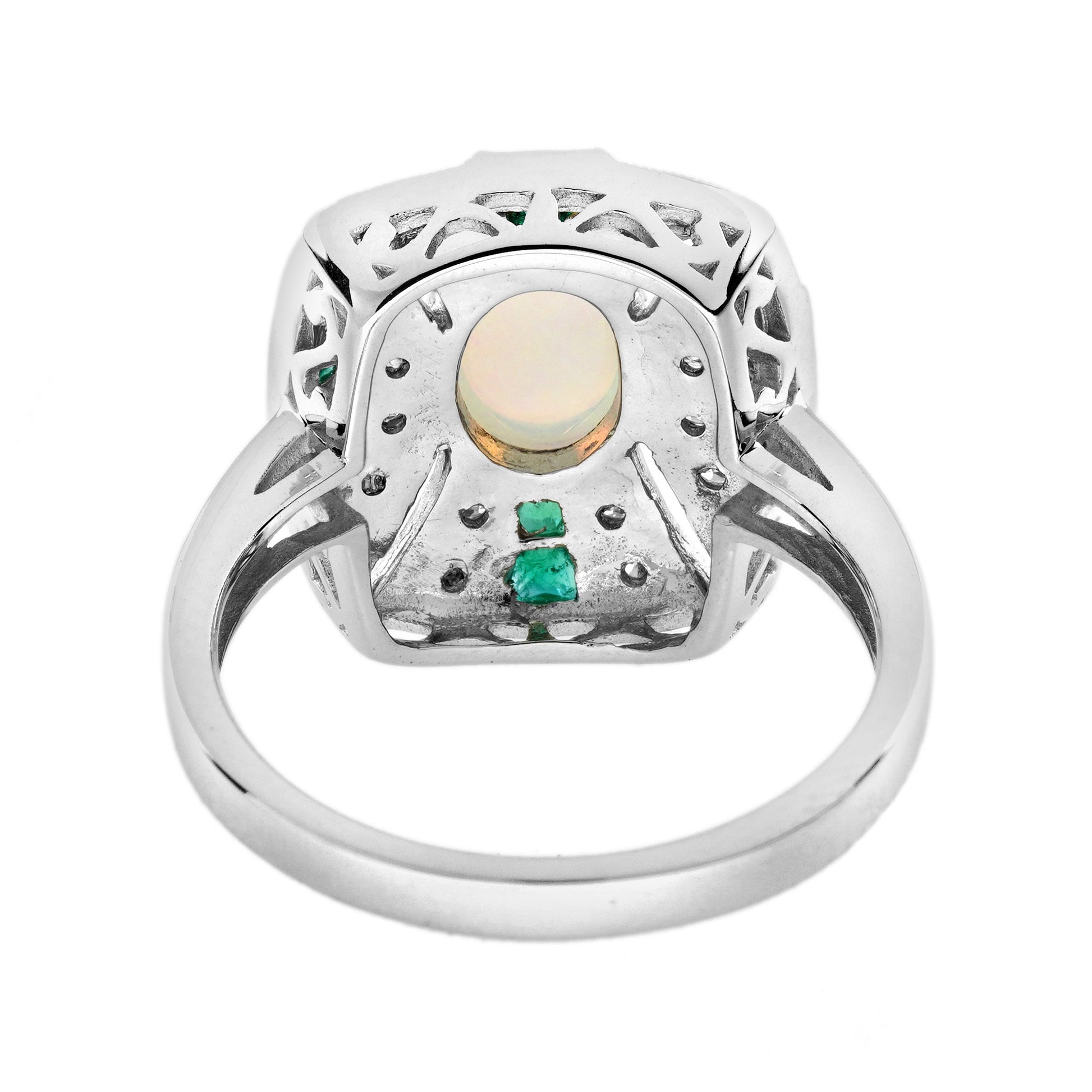 White Ethiopian Opal & Green Emerald Diamond Art Deco Style 14K White Gold Ring