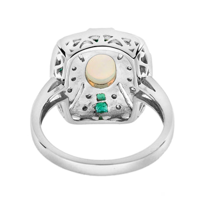 White Ethiopian Opal & Green Emerald Diamond Art Deco Style 14K White Gold Ring