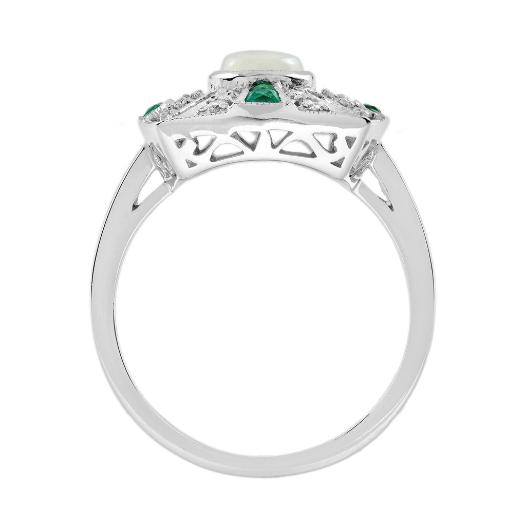 White Ethiopian Opal & Green Emerald Diamond Art Deco Style 14K White Gold Ring