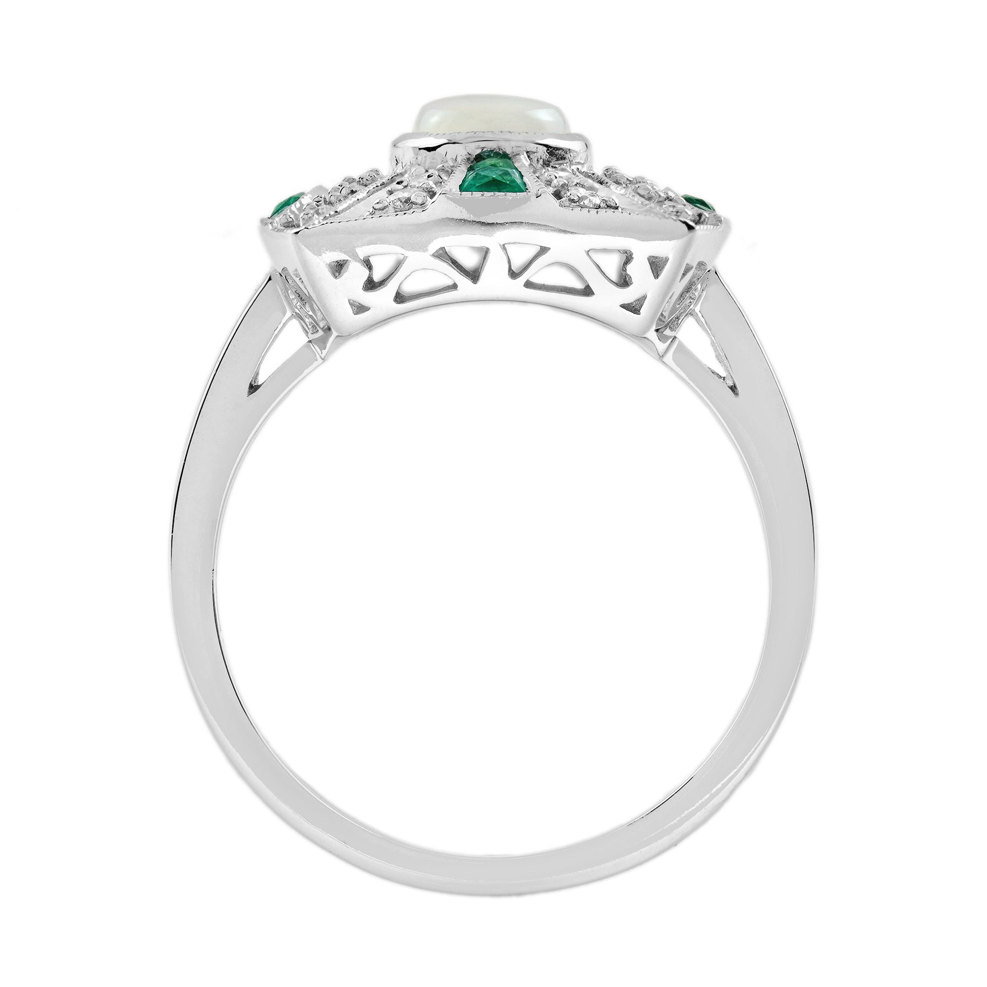 White Ethiopian Opal & Green Emerald Diamond Art Deco Style 14K White Gold Ring