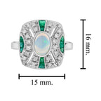White Ethiopian Opal & Green Emerald Diamond Art Deco Style 14K White Gold Ring