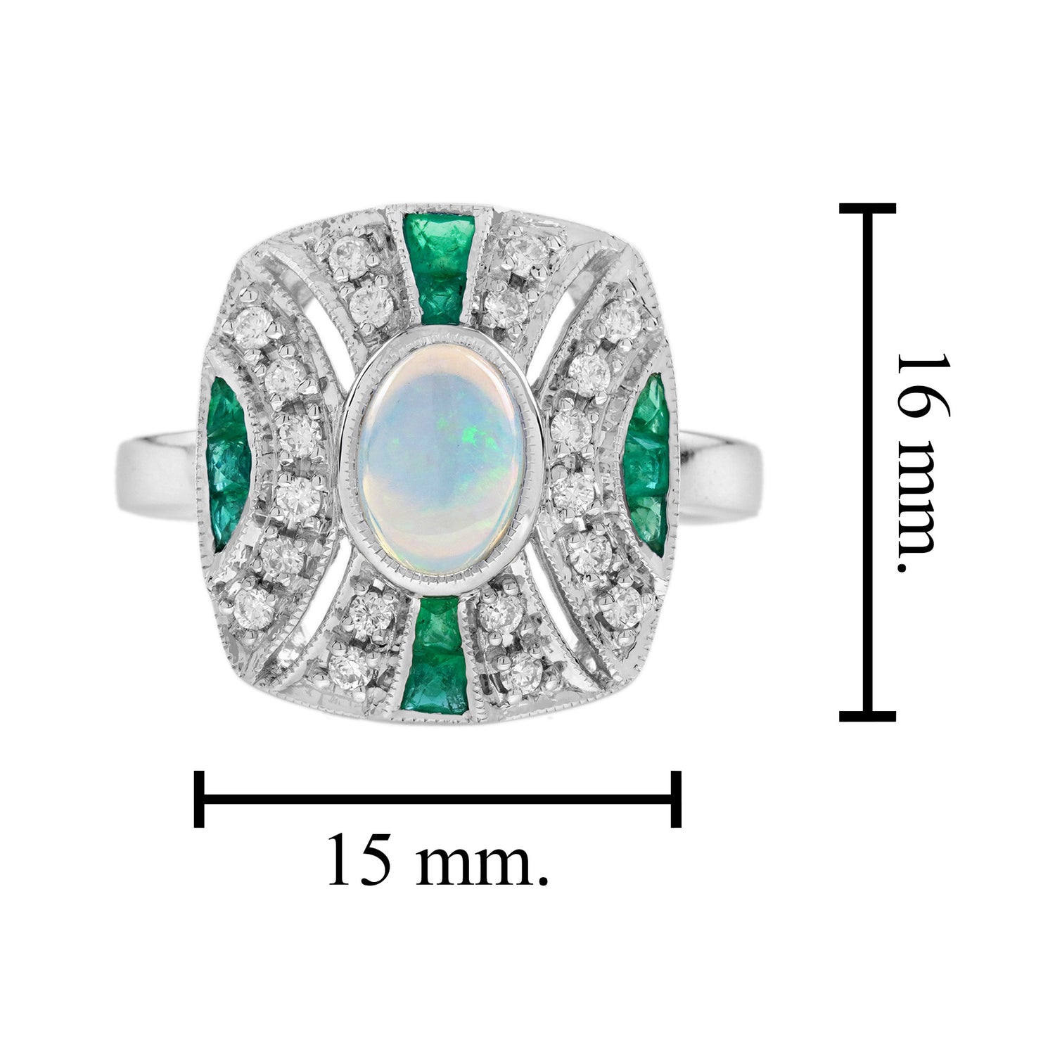 White Ethiopian Opal &amp; Green Emerald Diamond Art Deco Style 14K White Gold Ring