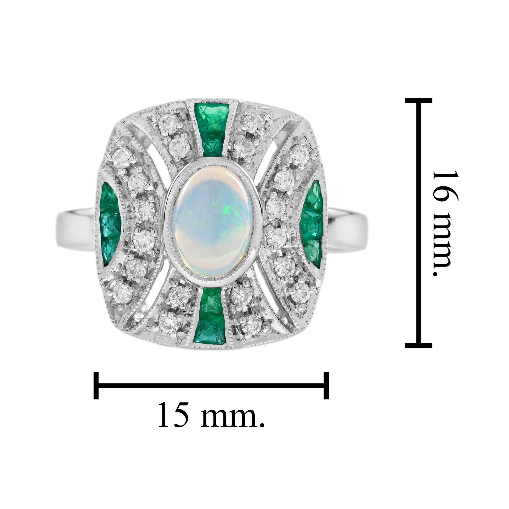 White Ethiopian Opal & Green Emerald Diamond Art Deco Style 14K White Gold Ring