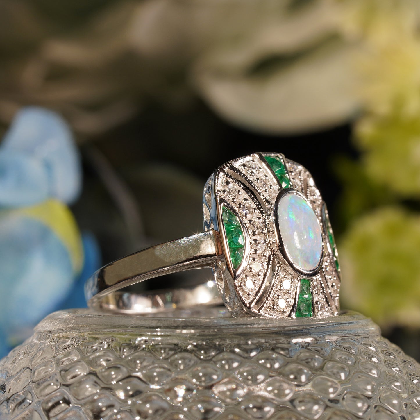white ethiopian opal & green emerald diamond art deco style 14k white gold ring