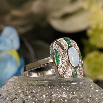 White Ethiopian Opal & Green Emerald Diamond Art Deco Style 14K White Gold Ring