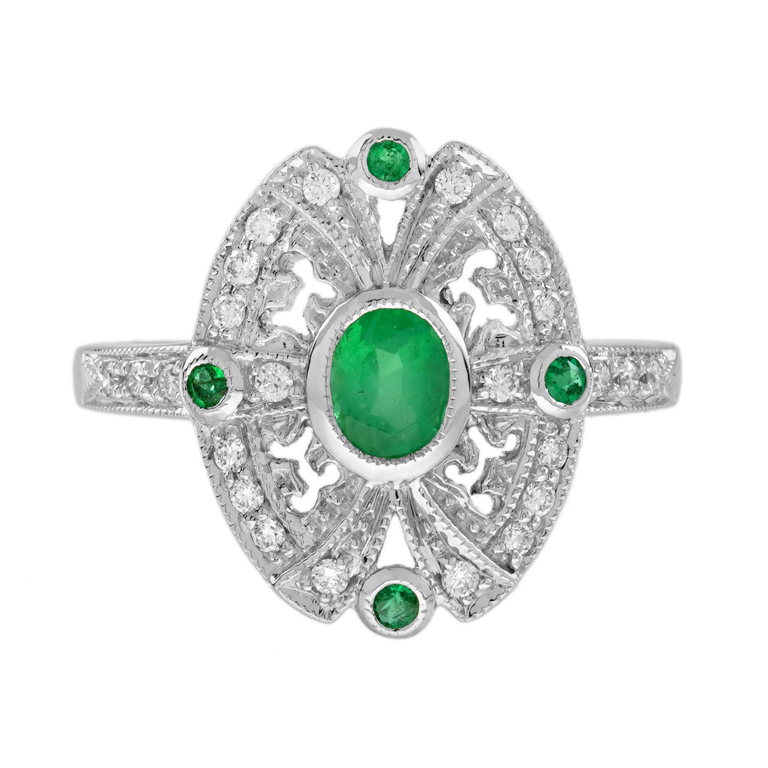 Green Emerald &amp; Diamond Antique Style Halo Shield White Gold Ring