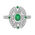 Green Emerald & Diamond Antique Style Halo Shield White Gold Ring