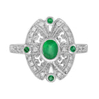 Green Emerald & Diamond Antique Style Halo Shield White Gold Ring