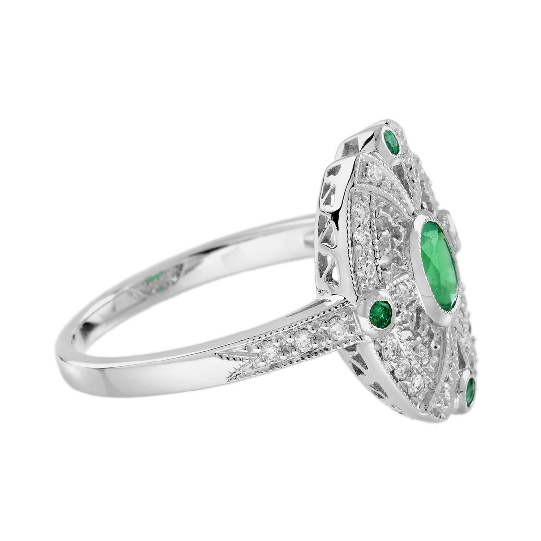 Green Emerald &amp; Diamond Antique Style Halo Shield White Gold Ring