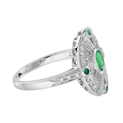 Green Emerald &amp; Diamond Antique Style Halo Shield White Gold Ring