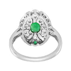 Green Emerald & Diamond Antique Style Halo Shield White Gold Ring