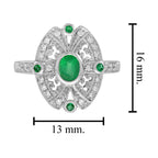 Green Emerald & Diamond Antique Style Halo Shield White Gold Ring