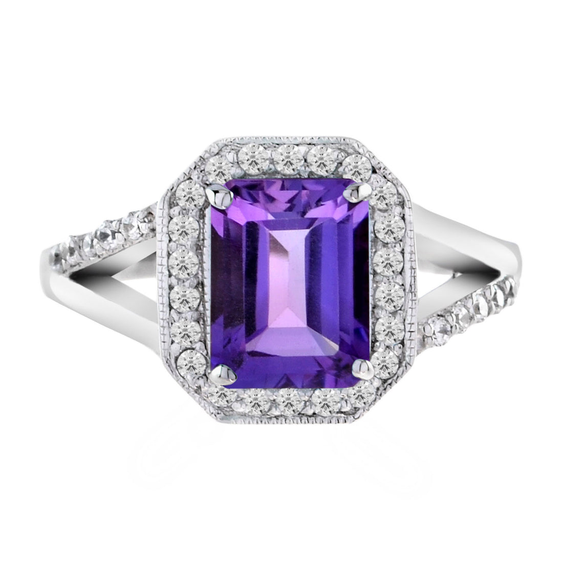 Split Shank Emerald Cut Purple Violet Amethyst & Diamond 14K White Gold Ring