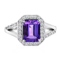 Split Shank Emerald Cut Purple Violet Amethyst & Diamond 14K White Gold Ring