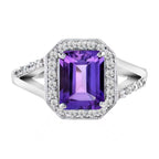 Split Shank Emerald Cut Purple Violet Amethyst & Diamond 14K White Gold Ring