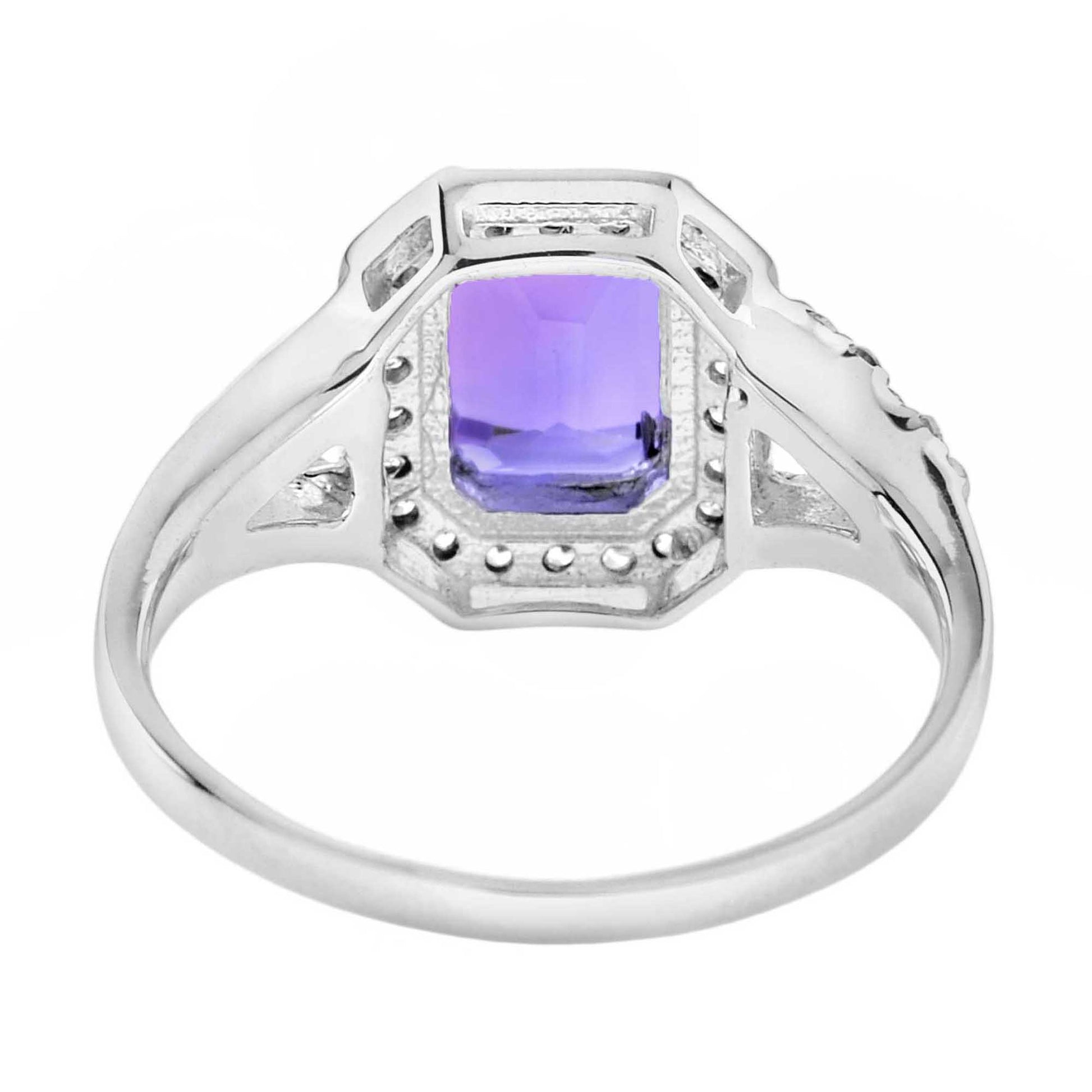Split Shank Emerald Cut Purple Violet Amethyst & Diamond 14K White Gold Ring
