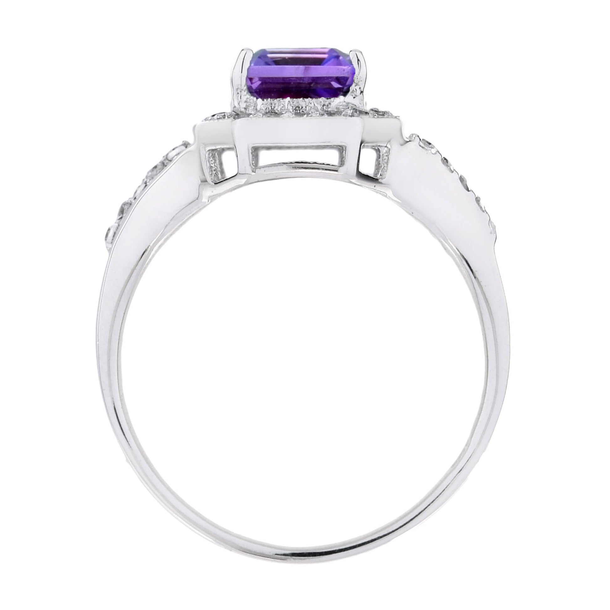 Split Shank Emerald Cut Purple Violet Amethyst & Diamond 14K White Gold Ring