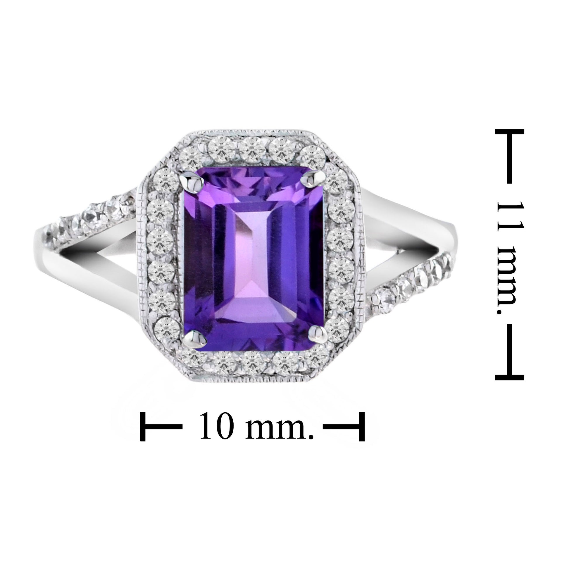Split Shank Emerald Cut Purple Violet Amethyst & Diamond 14K White Gold Ring