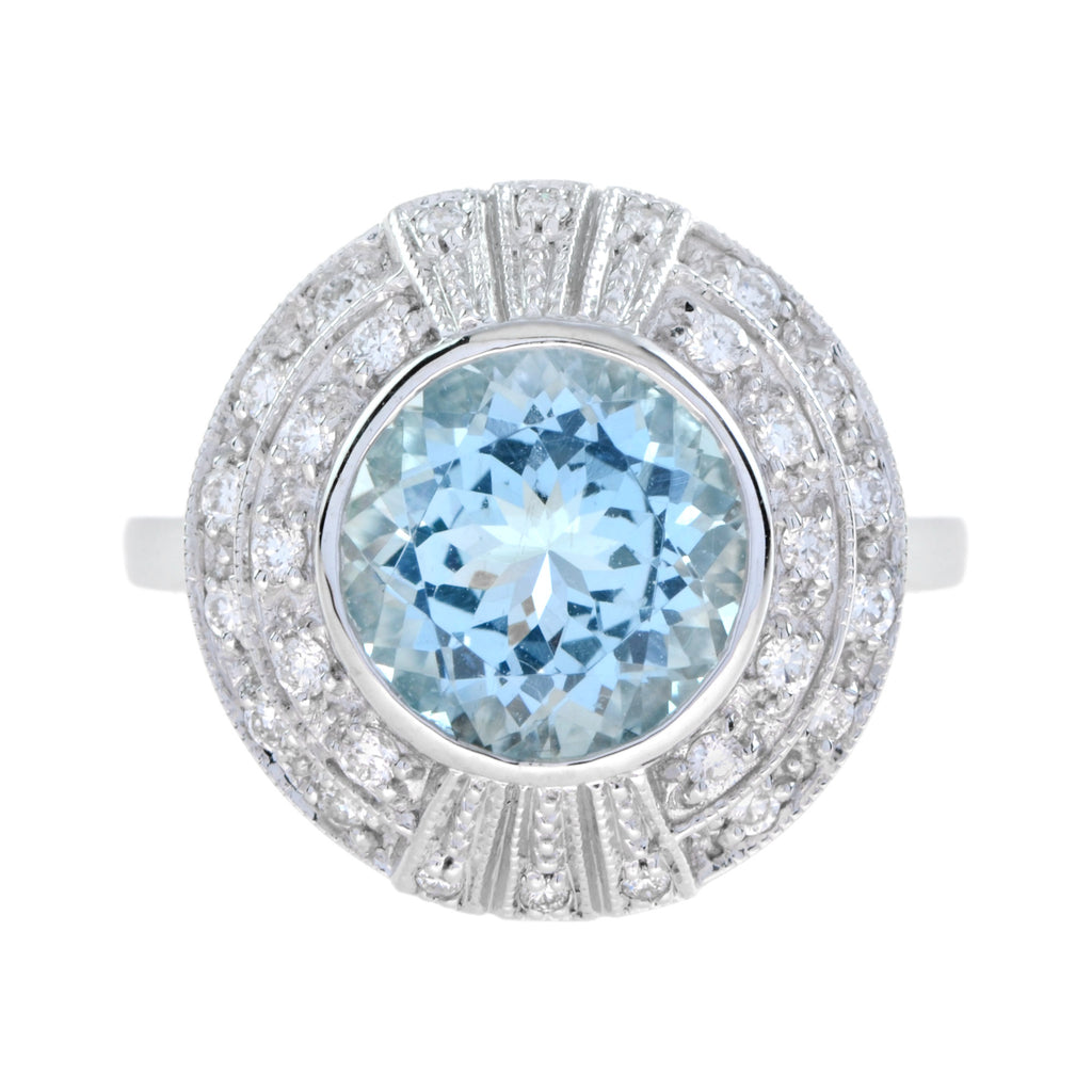 Round Blue Aquamarine & Diamond Cocktail 18K White Gold Ring