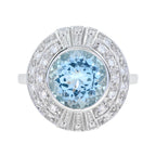 Round Blue Aquamarine & Diamond Cocktail 18K White Gold Ring