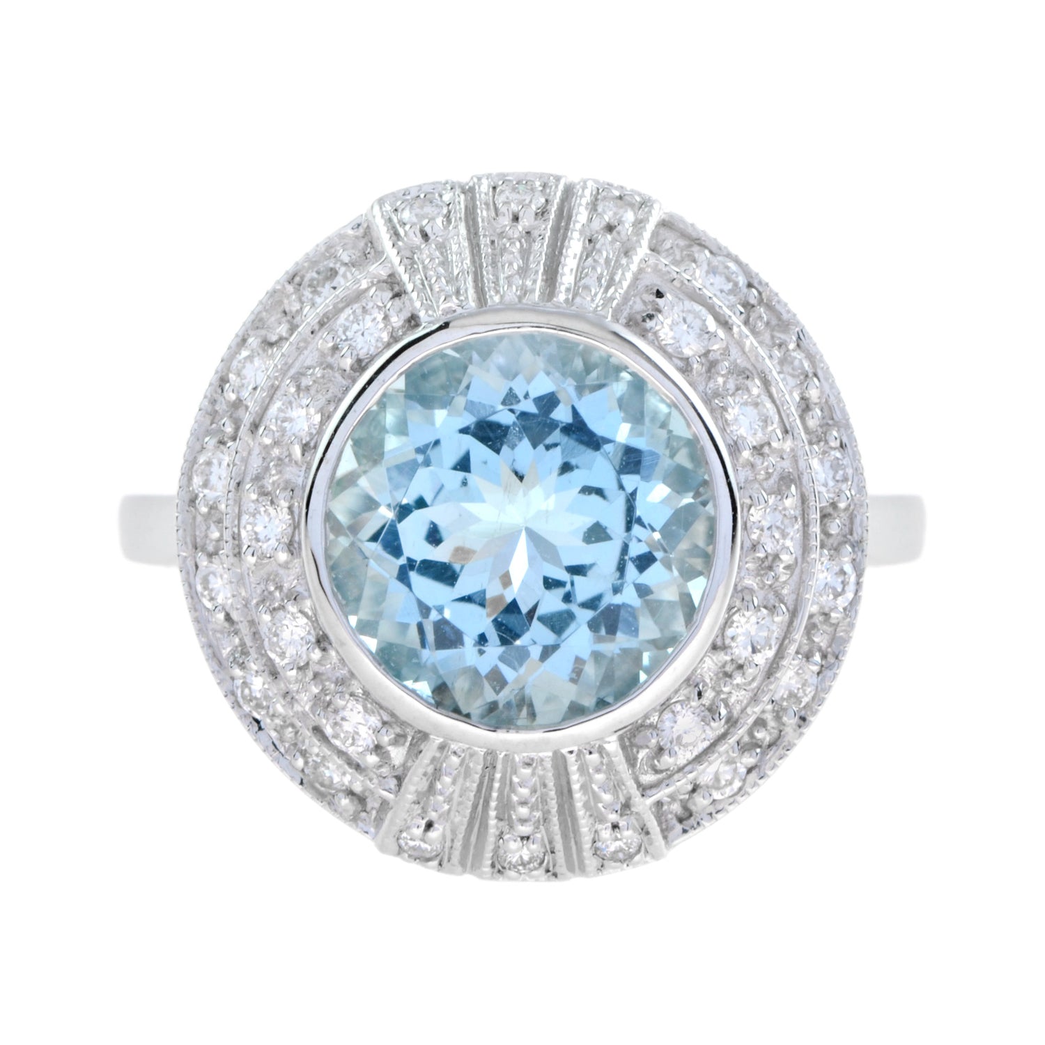 Round Blue Aquamarine &amp; Diamond Cocktail 18K White Gold Ring