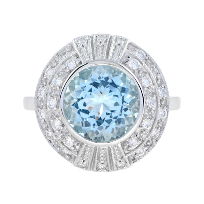 Round Blue Aquamarine &amp; Diamond Cocktail 18K White Gold Ring