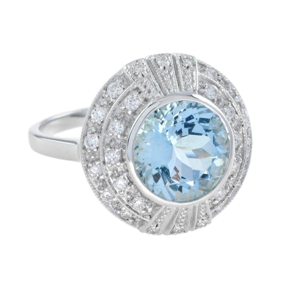 Round Blue Aquamarine &amp; Diamond Cocktail 18K White Gold Ring