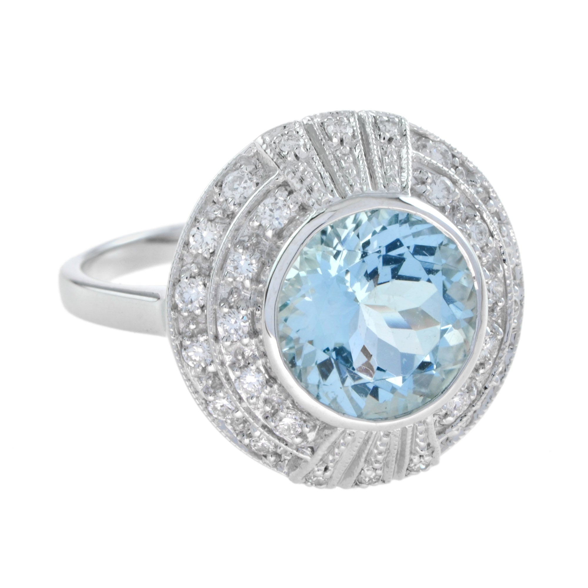 Round Blue Aquamarine &amp; Diamond Cocktail 18K White Gold Ring