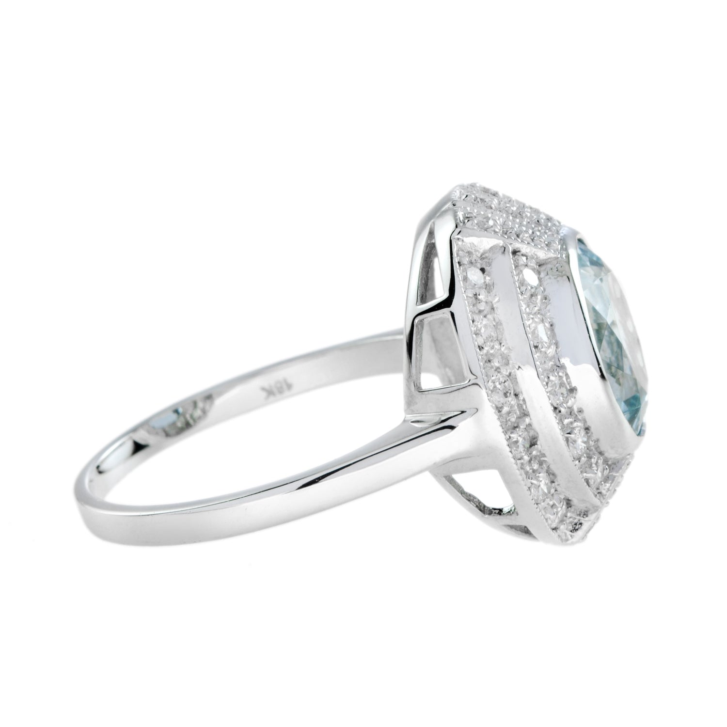 Round Blue Aquamarine &amp; Diamond Cocktail 18K White Gold Ring