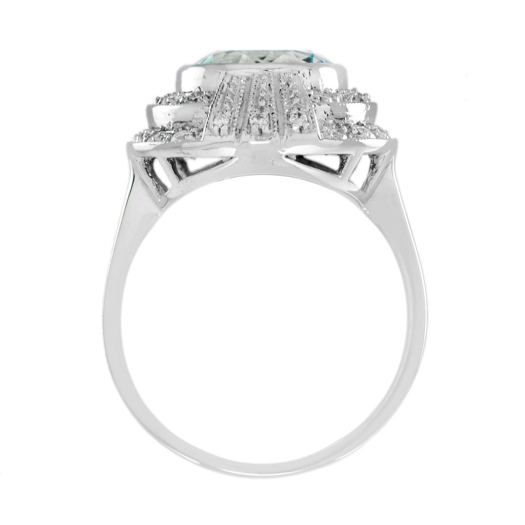 Round Blue Aquamarine & Diamond Cocktail 18K White Gold Ring