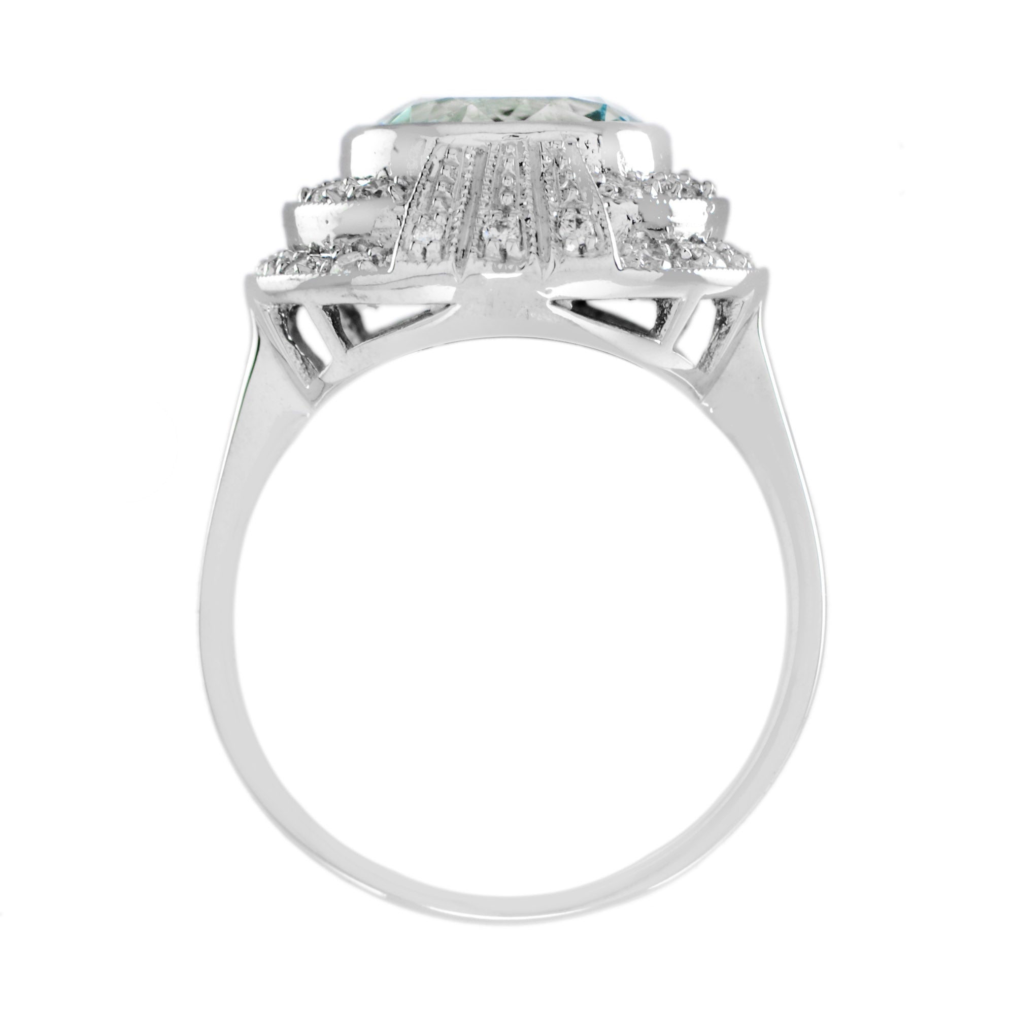Round Blue Aquamarine &amp; Diamond Cocktail 18K White Gold Ring