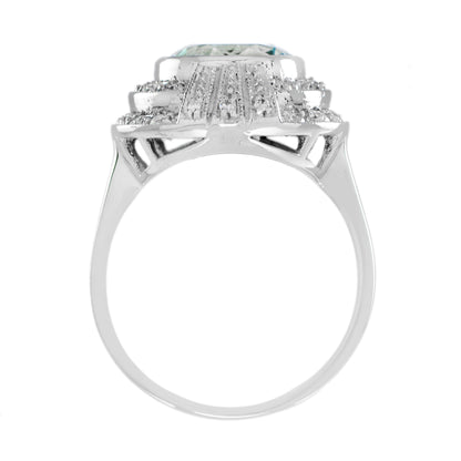 Round Blue Aquamarine &amp; Diamond Cocktail 18K White Gold Ring