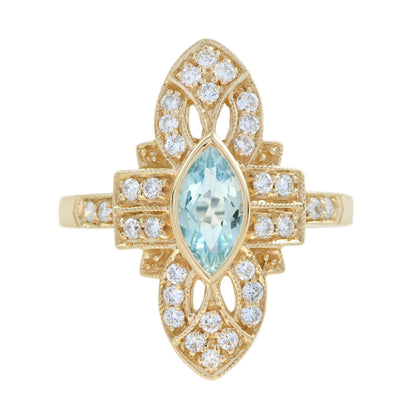 Blue Aquamarine &amp; Diamond Art Deco Style Marquise Shape 14K Yellow Gold Ring