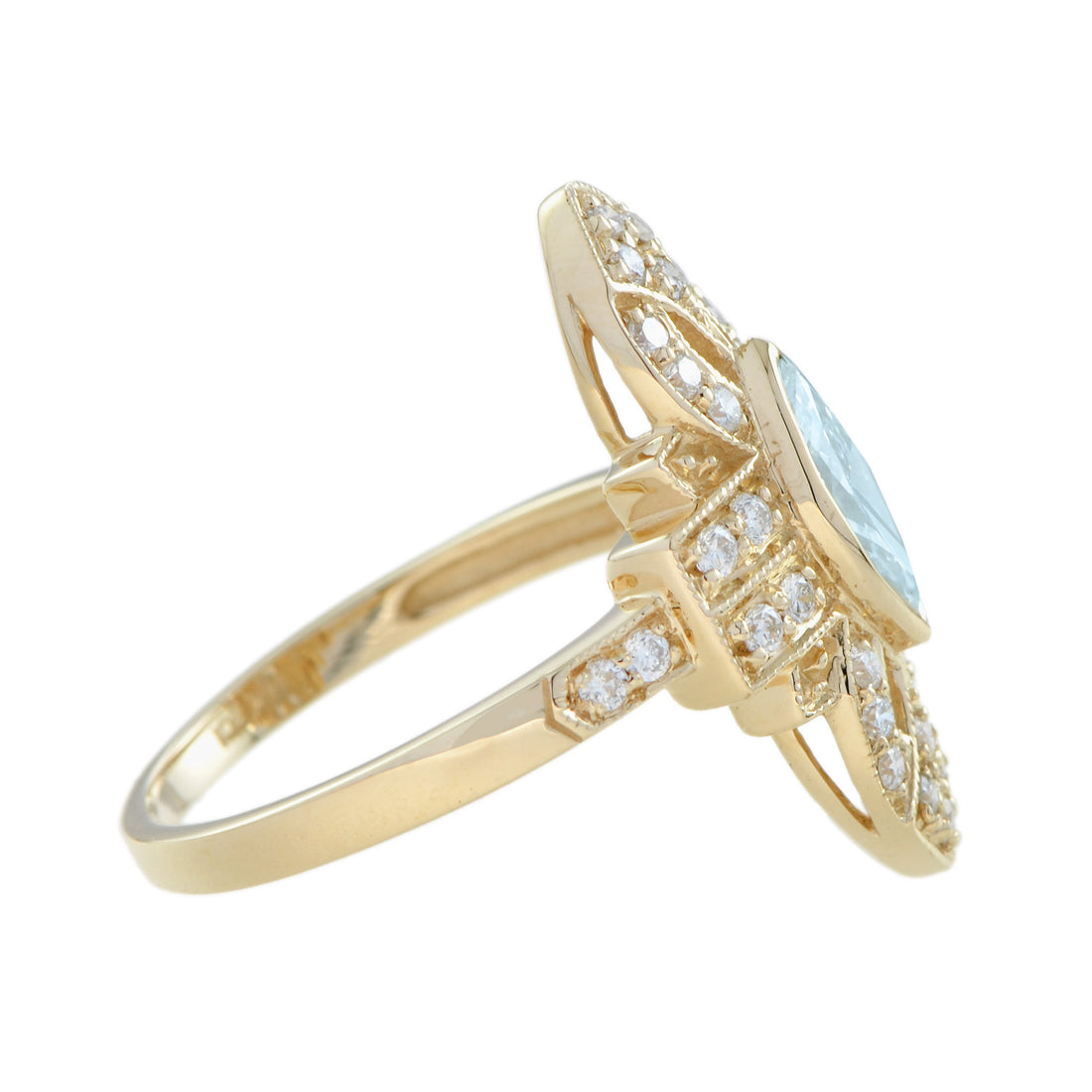 Blue Aquamarine &amp; Diamond Art Deco Style Marquise Shape 14K Yellow Gold Ring