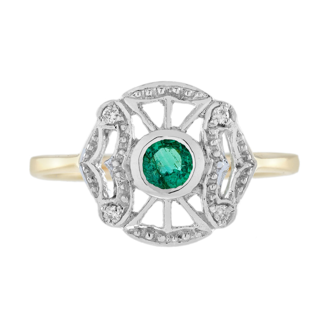 Round Green Emerald & Diamond Art Deco Style Two Tone Gold Ring