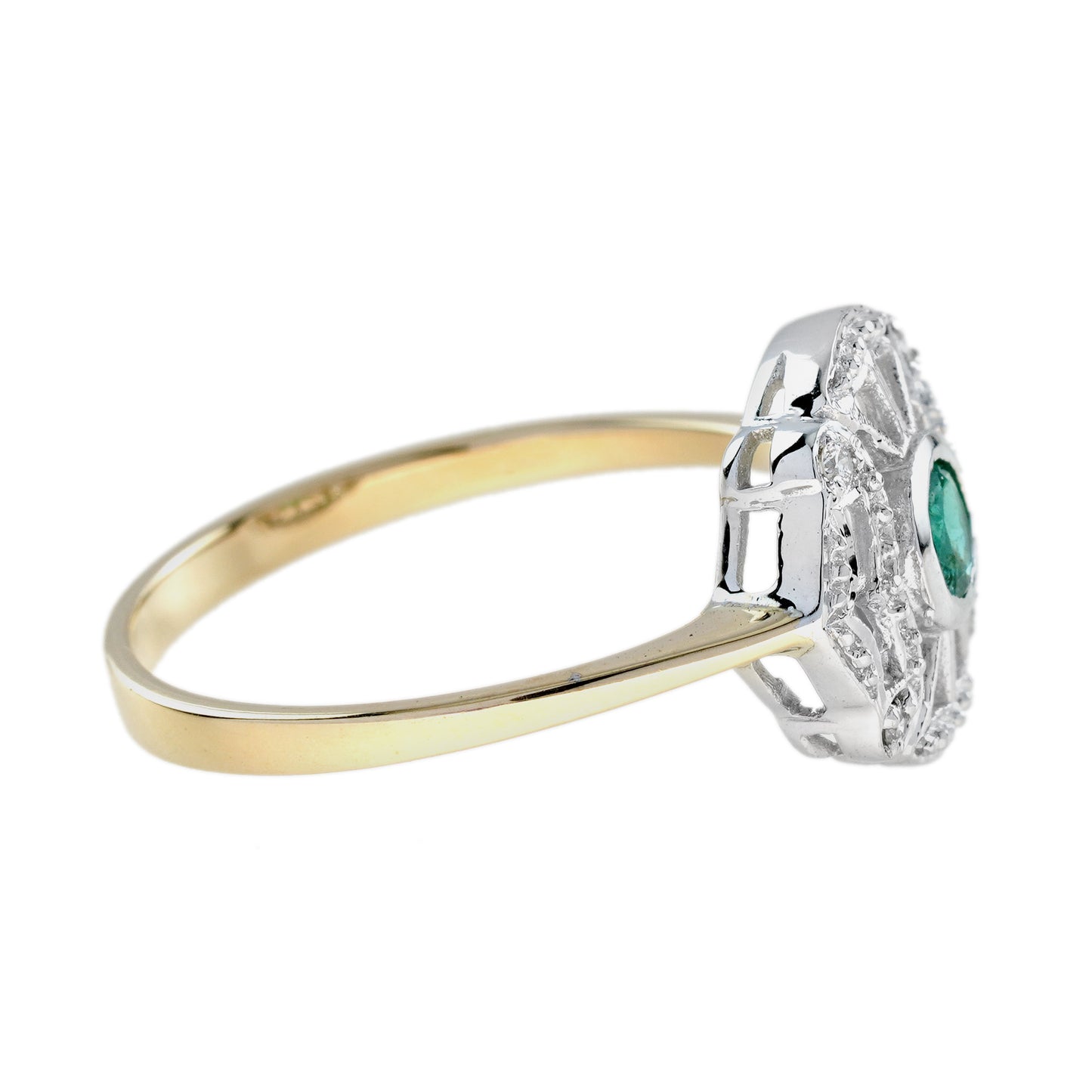 round green emerald & diamond art deco style two tone gold ring