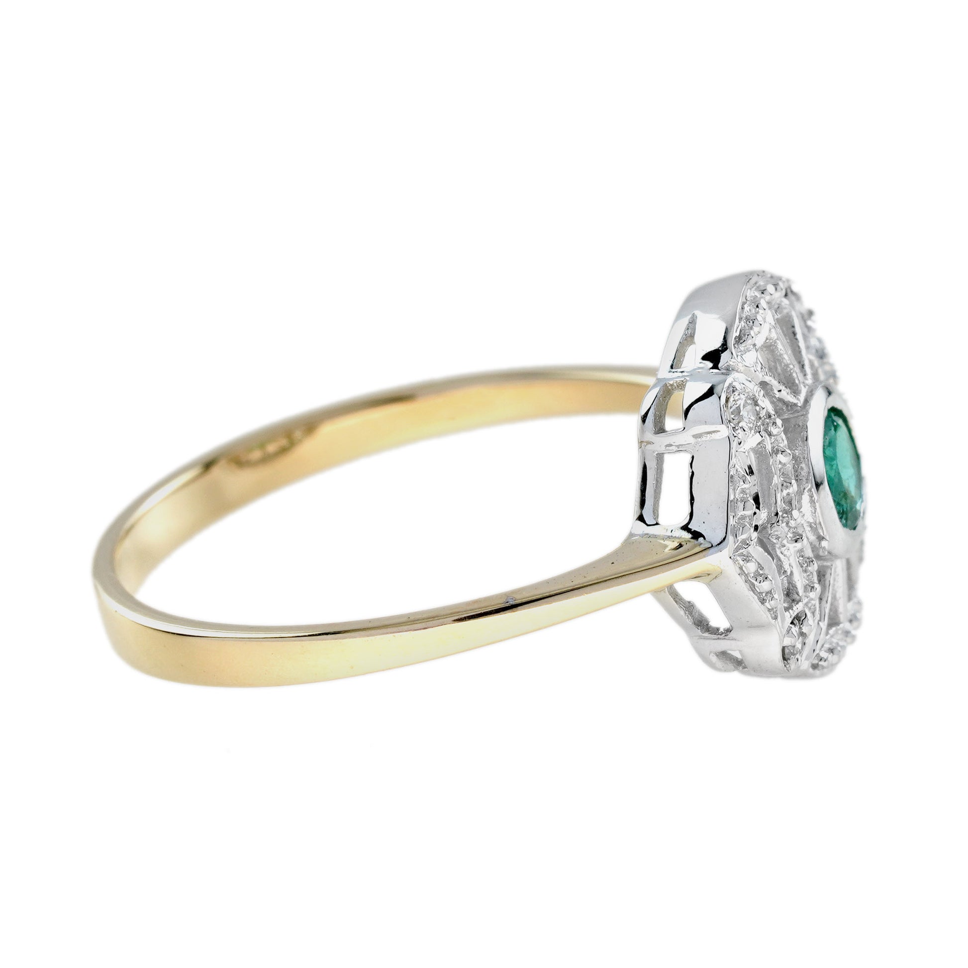 Round Green Emerald & Diamond Art Deco Style Two Tone Gold Ring
