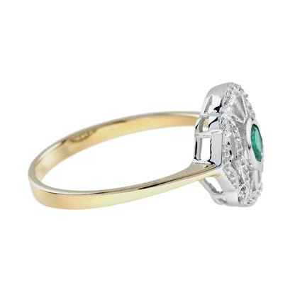 Round Green Emerald & Diamond Art Deco Style Two Tone Gold Ring